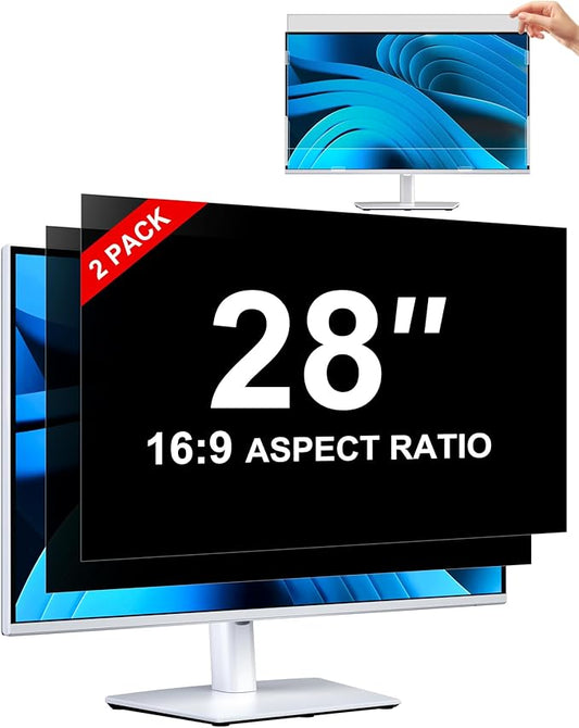 [2-Pack] Privacy Screen For Computer Monitor, 28-Inch 16:9 Aspect Ratio; Anti Spy/Bule Light/Glare And Eye Protection, 2 Install Ways Removable For Office, Airport, Cafe And Other Public Area; Diagonal 28 Inches, Width 24.4 Inches, Height 13.73 Inches