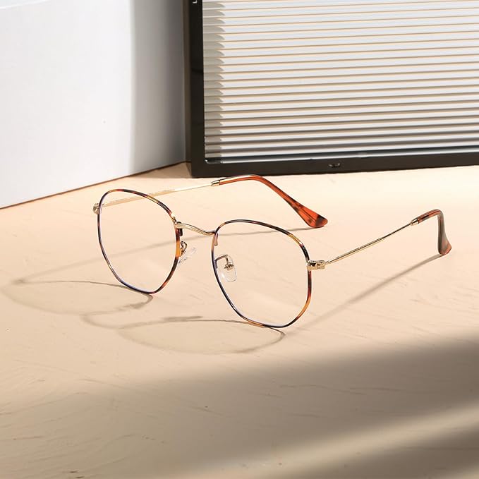 Hexagonal Metal Blue Light Blocking Glasses Anti Eye Strain for Digital Screens Lightweight Frame for Men Women