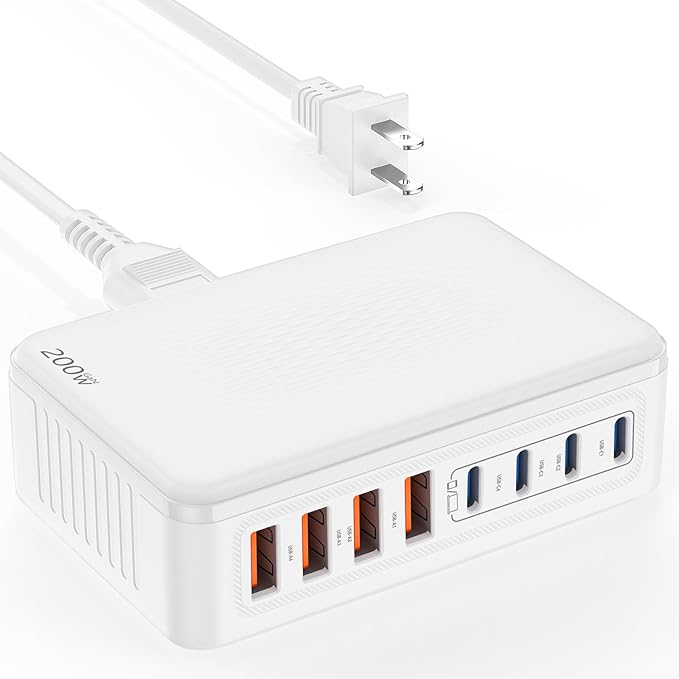 200W GaN III USB C Charging Station, 8-Port (4C+4A) Fast Charger Hub, Universal Wall Charger Block for iPhone 17/16/15/14 Pro Max, iPad, Samsung Galaxy Note, Pixel, Laptops & More