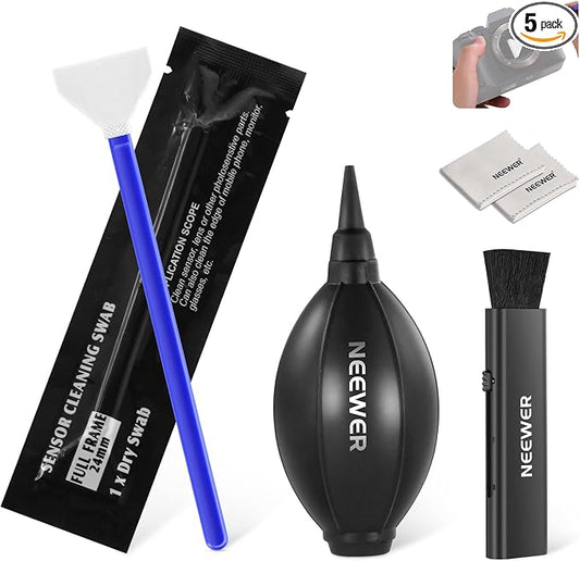 NEEWER 5 in 1 Camera Lens Cleaning Kit, 1x Lens Brush Pen + 1x Air Blower + 1x 24mm Full Frame Sensor Swab + 2X Cleaning Cloth, for Electronics, Smartphones, Tablets, HM-43 by Neewer