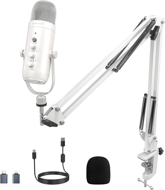 ZealSound Gaming Microphone for PC, USB Podcast Microphone with Noise Reduction, Mute & Gain Control, Zero-Latency Monitoring, Echo Control, Boom Arm, for Mac, iPhone, Stream, YouTube, TikTok (White)