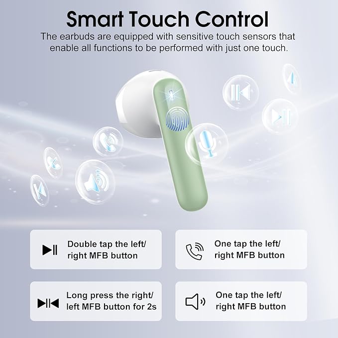 Wireless Earbuds, Bluetooth 5.4 Headphones with 3D Bass Stereo, 40H In-Ear Buds with 4 ENC Noise Cancelling Mic, Ultralight Bluetooth Earbuds USB-C LED, IP7 Waterproof Earphones for Android iOS, Green