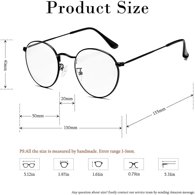 HJSTES Round Blue Light Glasses for Women Men Retro Circle Clear Lens Metal Frame Eyeglasses