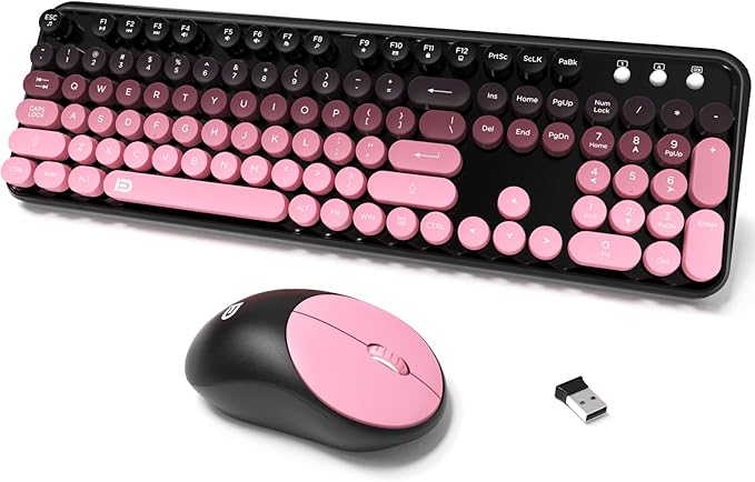 Wireless Keyboard and Mouse Combo, 2.4 GHz Wireless Full-Sized Typewriter Keyboard with Round Keycaps for Windows, Computer, Desktop, PC, Laptop (Pink)