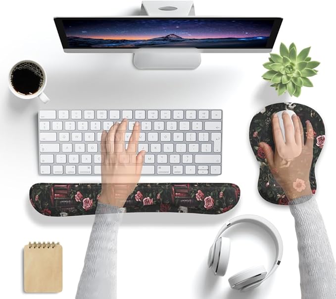 Gothic Skull Rose Ergonomic Mouse Pad with Wrist Rest & Keyboard Wrist Support Set - Non-Slip Gaming Office Desk Mat, Comfortable Memory Foam Cushion for Computer/Laptop Users, Home Office Workers