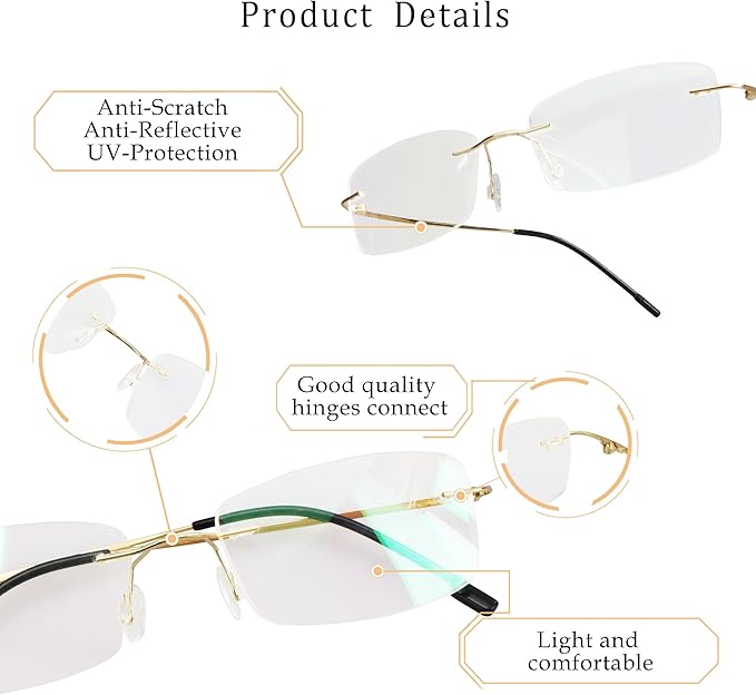 LifeArt Blue Light Blocking Computer Reading Glasses,Men's and Women's Rimless Frame (Golden, +4.00 Magnification)