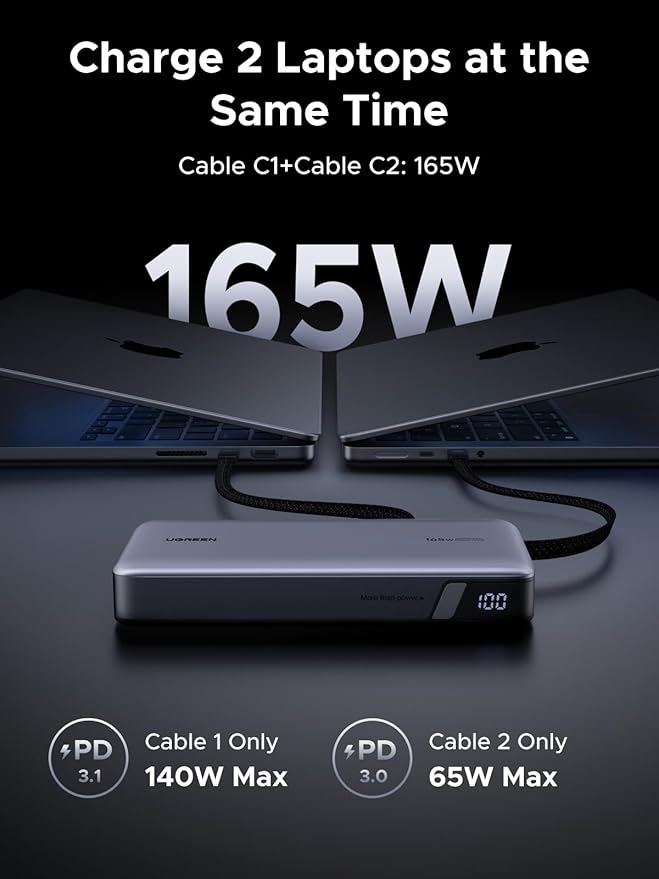 UGREEN Nexode Power Bank, 25,000mAh 165W Laptop Portable Charger with 2 Built-in USB-C Cables, 90Wh Fast Charging Business Travel Battery Pack for MacBook Pro/Air/ipad/iPhone 17/Samsung/Dell/HP/Lenovo