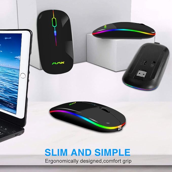 Wireless Bluetooth Mouse for Laptop, Rechargeable Mouse 2.4G USB Optical Wireless Mouse, LED Slim Dual Mode(Bluetooth 5.0 and 2.4G) Wireless for Laptop, PC, Mac OS, Android, Windows (Black)
