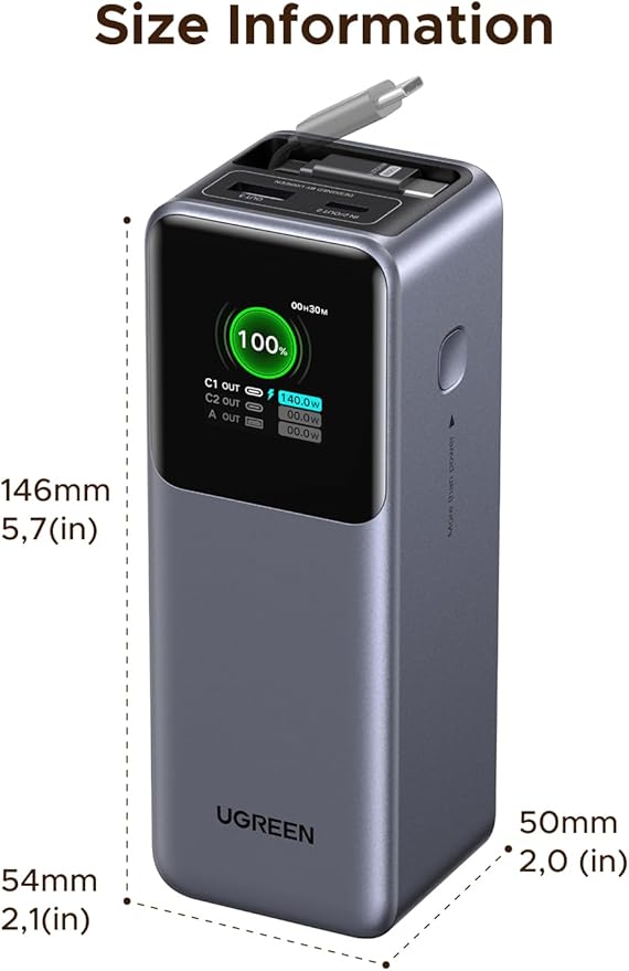 UGREEN Nexode Power Bank 20000mAh 165W with Built-in USB C Cable Laptop Travel Portable Charger, 100W Input, Fast Charging for MacBook Pro/Air/iPhone 17/16/iPad Pro/Galaxy S26 Ultra/Dell/HP and More