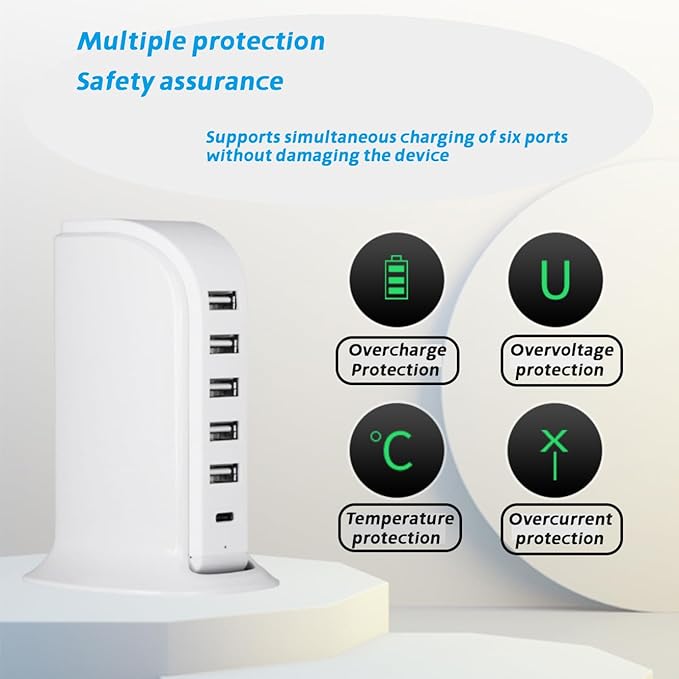 USB Charging Station for Multiple Devices, 40W Multiport Charger Tower, Type C Port Supports PD Quick Charge Compatible with iPhone, Smartphones, Tablets and Other Devices (White)