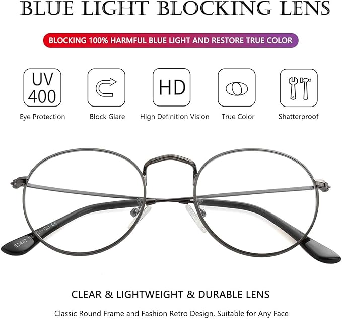 AIEYEZO Blue Light Glasses for Women Men Fashion Retro Circle Wire Frames Eyeglasses Anti-Blue Light Computer Gaming Glasses