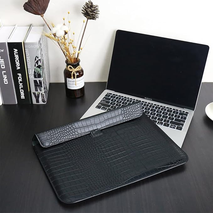 Laptop Sleeve Case 13-13.6 Inch Crocodile PU Leather Flip Cover with Stand Function for 2016-2026 MacBook Neo 13 A18 Pro A3404 Air 13 Pro 13 M5 M4 M3 M2 M1, for HP Dell Lenovo Laptop, Black