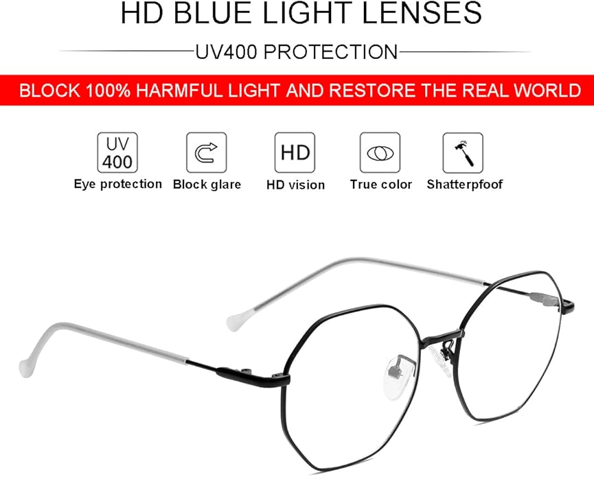 JOVAKIT Polygon Blue Light Blocking Glasses for Women Men Vintage Octagon Square Non-prescription Metal Eyeglasses