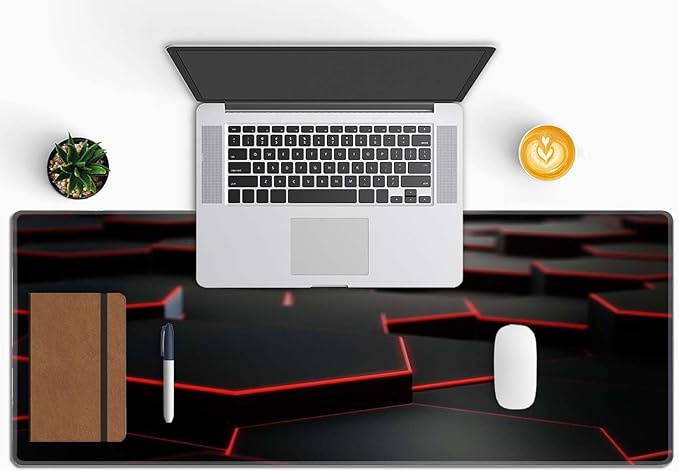 Gaming Mouse Pad Large, Keyboard Mouse Mat Desk Pad, Non-Slip Rubber Base with Stitched Edges Mousepad, 31.5X11.8 inch Abstract Black Hexagon Background with Red Line