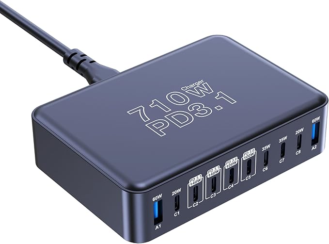 CHIPOFY 710W USB C Charging Station, 10-Port Dual PD3.1 140W QC3.0 60W GaN Laptop Fast Charger Block for MacBook Pro/Air, iPad, iPhone 17 16 Pro Max, Galaxy S25/ S24 and More