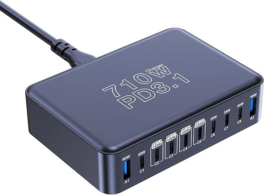 CHIPOFY 710W USB C Charging Station, 10-Port Dual PD3.1 140W QC3.0 60W GaN Laptop Fast Charger Block for MacBook Pro/Air, iPad, iPhone 17 16 Pro Max, Galaxy S25/ S24 and More
