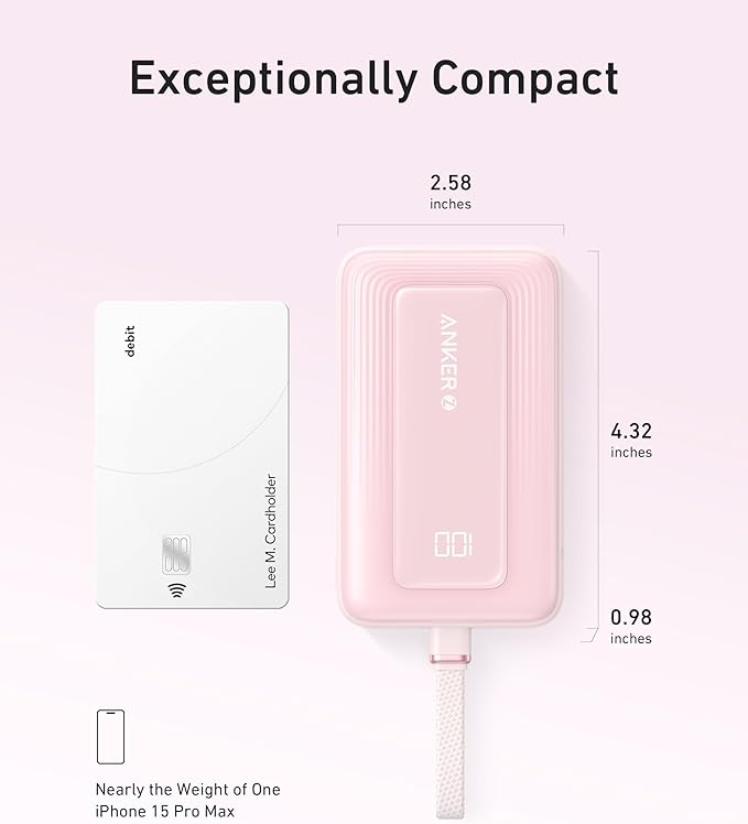 Anker Portable Charger, 10,000mAh 30W Power Bank, USB-C in and Out Fast Charging Battery Pack, Travel Essential Phone Power Bank, for iPhone 17/16, Galaxy and More (Pink, 10000, Milliamp Hours)