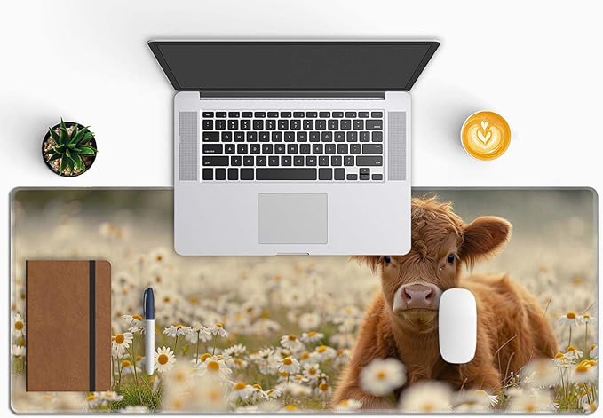 Gaming Mouse Pad Large,Cute Highland Cow on Daisy Mouse Pad Gaming Mouse Mat Desk Pad,31.5 x 11.8 Desk Mat Mouse Pads for Desk,Extended Keyboard Mousepad with Non-Slip Base and Stitched Edge