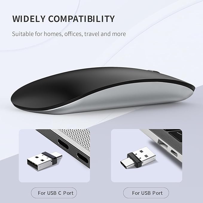 Uiosmuph G11 Wireless Mouse, USB C Rechargeable Computer Mouse, Slim Silent Mice 2.4GHz Optical with USB Nano Receiver and Type C Receiver for Laptop/Mac/PC-Matte Black