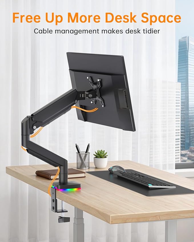 Afaloona RGB Single Monitor Stand, Gas Spring Monitor Arm with 3 USB Ports, Charging and USB Data Transfer Function, Desk Mount for 13"-32" Monitors up to 19.8lbs, Adjustable Height,Swivel,Rotate,Tilt