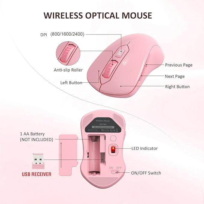Wireless Keyboard and Mouse Combo, Full-Sized 2.4GHz Wireless Keyboard with Comfortable Palm Rest and Optical Mouse for Windows, Mac OS PC/Desktops/Computer/Laptops (Full Pink)