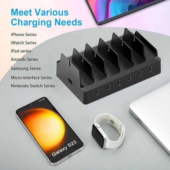 Charging Station for Multiple Devices, 6 Port USB Charger with Holder Stand and Cables for iPad, Apple, Android, Tablet, Office Desk Charging Dock Storage Organizer (White)