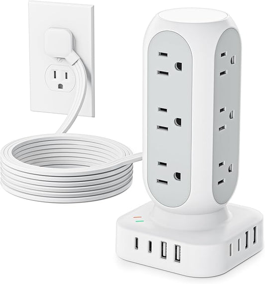 Tower Surge Protector Power Strip, Flat Plug Outlet Extender with 12 AC Outlets & 8 USB Ports, 5 FT Extension Cord with Multiple Outlets, 24W Total Charging Station for Home Office Dorm Room