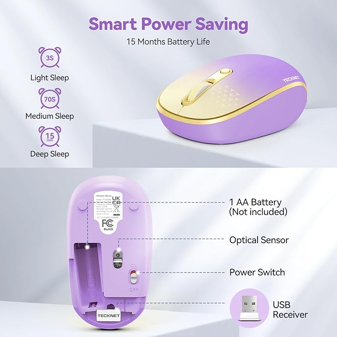 TECKNET Wireless Mouse, 2.4G Quiet Computer Mouse with USB Receiver, 4 Buttons Portable Cordless Mice for Chromebook, Laptop, PC, Mac, 800/1200/1600 DPI - Pink-Yellow Gradient