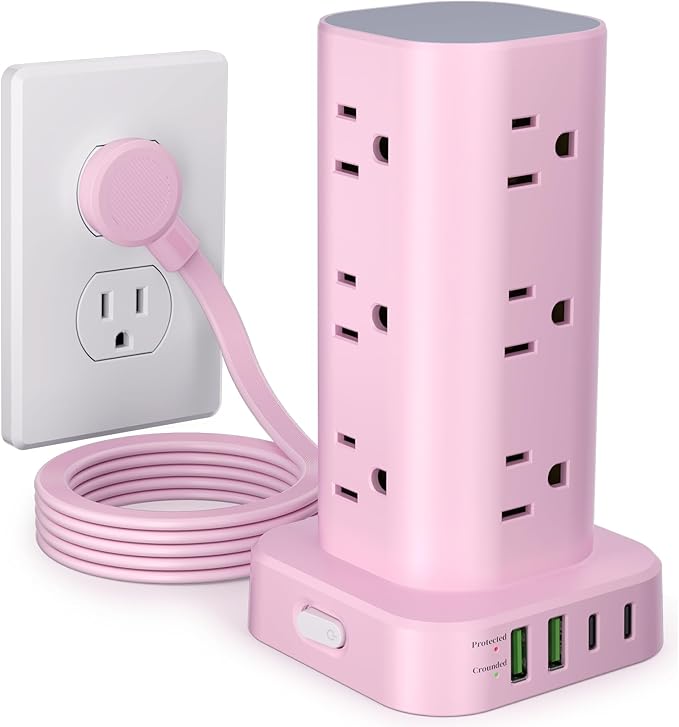 Power Strip Tower with Multiple Outlets, Flat Plug Surge Protector Tower Extension Cord with 12 AC Outlets 4 USB Ports (2 USB C), 6FT Cord Power Tower Surge Protector for Home Office Dorm Room, Pink