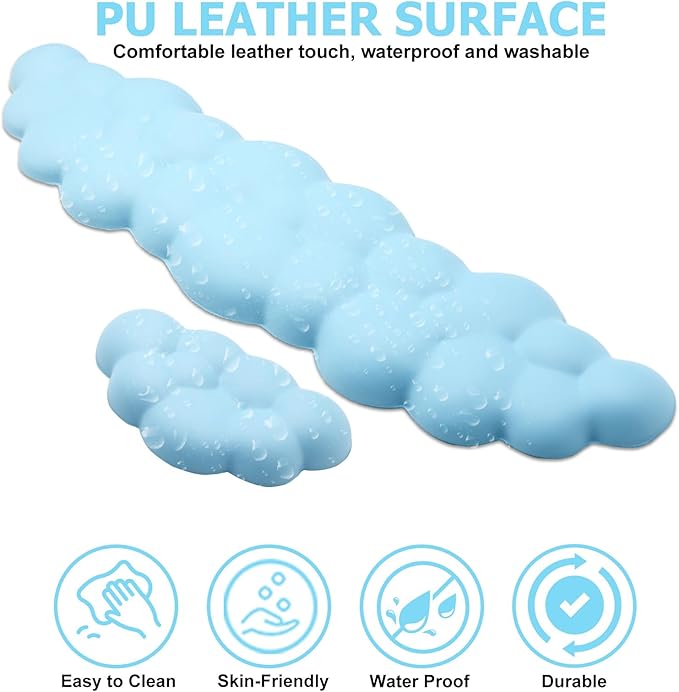 Cloud Wrist Rest Keyboard, PU Leather Memory Foam Wrist Support for Computer Keyboard, Ergonomic Keyboard Pad and Cute Mouse Wrist Pad for Gaming, Office, Computer, Easy Typing Pain Relief, Sky Blue