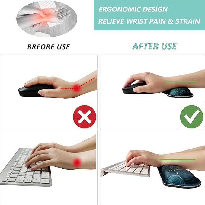 Keyboard Wrist Rest Mouse Wrist Support Set, Memory Foam Wrist Rest Pad for Computer Laptop Keyboard Mouse, Ergonomic Wrist Cushion Support for Typing Pain Relief, Gaming Home Office, Green Leaves