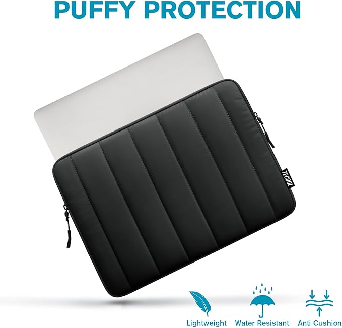 TECOOL Puffy Laptop Case 14 inch, Laptop Sleeve 14 inch for 14" Lenovo Thinkpad Ideapad HP EliteBook Pavilion Dell Chromebook, Protective Waterproof Sleeve 14 inch Computer Bag with Small Case,Black