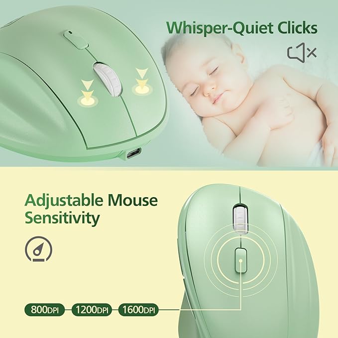 Micropack Ergonomic Vertical Wireless Bluetooth Mouse for Laptop MacBook PC Rechargeable Silent Click 3-Mode Multi-Device 2.4G Adjustable DPI Compatible with Windows Android iOS MacOS Green