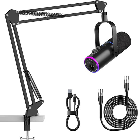 XLR/USB Podcast Microphone, Gaming Mic with Mute Button, Reverb Effects, Noise Cancellation, Boom Arm Stand, Headphones Jack, Dynamic Microphone for Streaming/Recording/Gaming/Vocal-Black