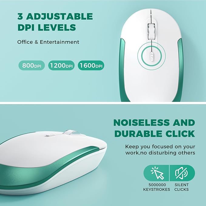 Rechargeable Wireless Keyboard Mouse, Vssoplor Quiet Full-Size Keyboard and Mouse Combo with USB for PC, Windows, Laptop-Blackish Green