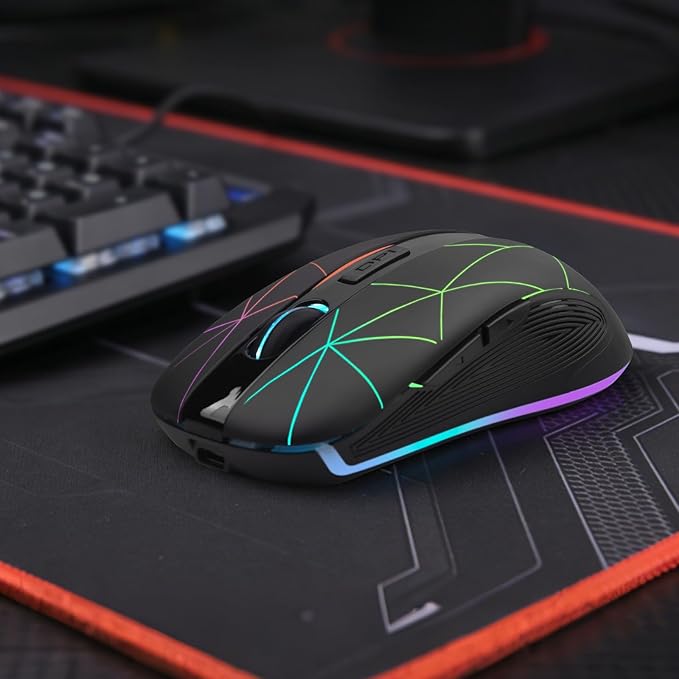Rii RM200 2.4G Wireless Mouse with USB Nano Receiver, 5 Buttons Rechargeable Mouse,Colorful Backlit RGB Gaming Mouse for Notebook,PC,Computer-Black