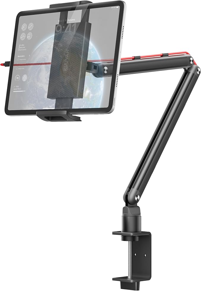 Tablet Arm Stand for Desk, Portable Monitor Stand Holder 15.6'',17.3'', Aluminum Alloy Foldable Arm Mount with 360° Rotating Desk Mount Compatible with 4.7-17.3inch Tablet, Cell Phone (Black)