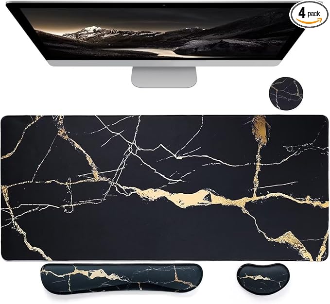 Bloss Ergonomic Mouse Pad and Keyboard Wrist Rest (4 Pcs), Non-Slip Desk Mat Protector, Desk Pad for Keyboard and Mouse, Large Gaming Mousepad-Black Marble (31.5×15.7 Inches)