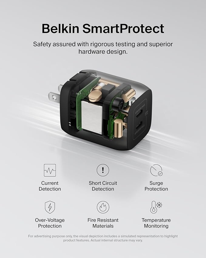 Belkin Dual USB C Charger Block 65W, Super Fast Charging PD 3.0 w/GaN - Samsung Galaxy S25, Apple iPhone 17, Air, Pro, Pro Max, iPad, MacBook, AirPods, Apple Watch, & More - Black