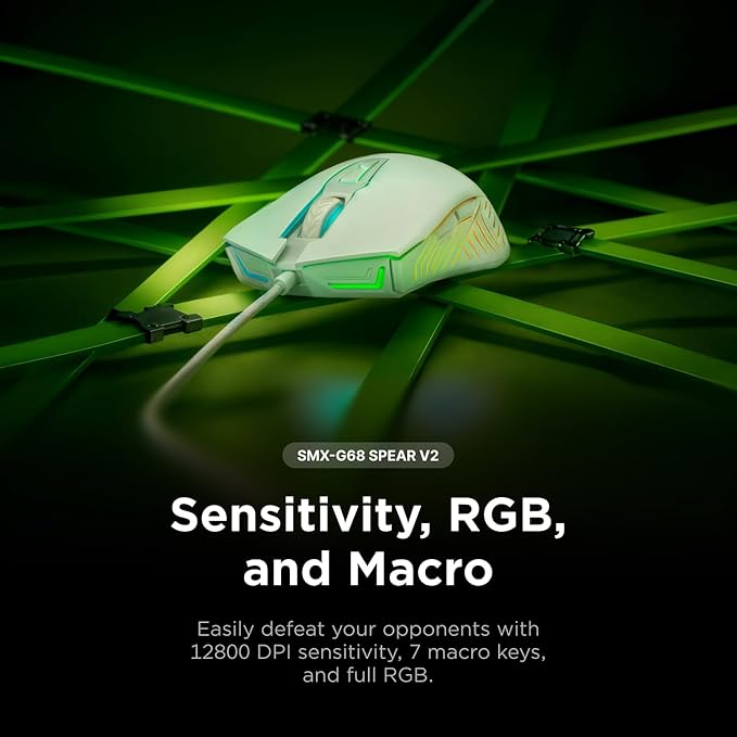 Rampage Spear V2 White Wired Gaming Mouse with RGB Lighting ?€? 12800 DPI, 7 Programmable Buttons, Lightweight Ergonomic Gaming Mouse for PC/Mac/Laptop Gamers