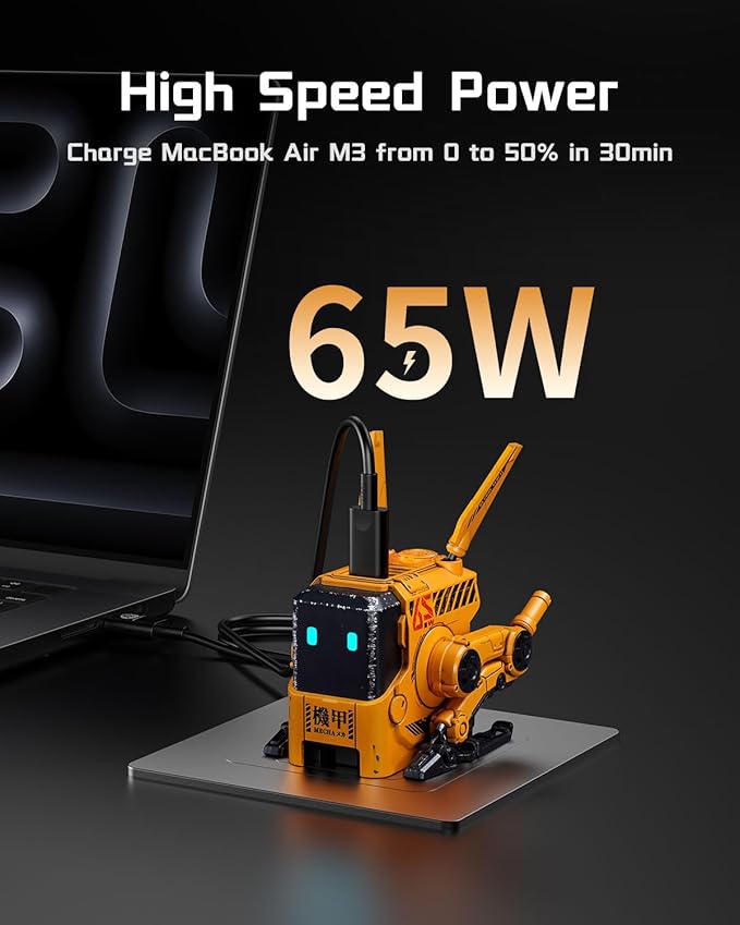 GravaStar 65W Charger, Alpha65 Robot Fast GaN Charger Block, 3-Port Fast Power Adapter, Foldable Compact for Travle, Used for iPhone, MacBook, iPad, Galaxy S23/S24, Steam Deck (65W, Yellow)