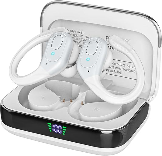 Bluetooth Headphones Wireless Earbuds with 75Hrs Playback, LED Display Charging Case, IPX7 Waterproof, Over-Ear Design Ear Buds for Sports/Running/Workout - White
