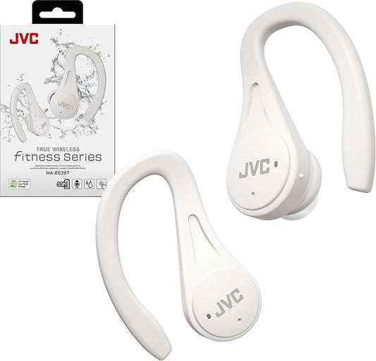 JVC Sport True Wireless Earbuds Headphones, Lightweight and Compact, Long Battery Life (up to 30 Hours), Sound with Neodymium Magnet Driver, Water Resistance (IPX5) - HAEC25TW (White)