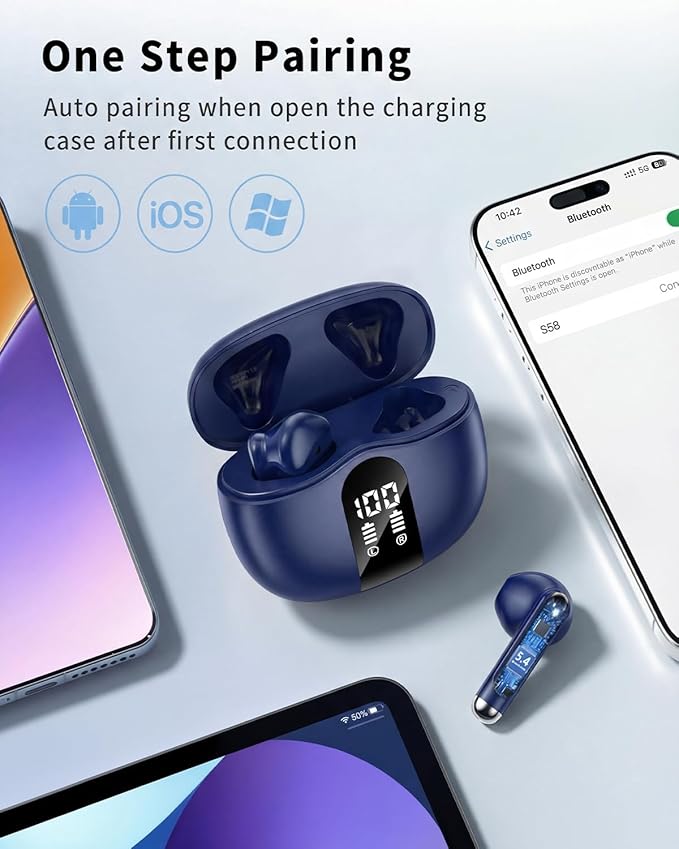 Wireless Earbuds, Bluetooth 5.4 Headphones HiFi Stereo, Ear Buds with 50H Playback, LED Display Wireless Earphones Clear Calls, IP7 Waterproof, Bluetooth Earbuds for Laptop/Phones/Sports, Navy Blue
