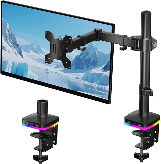 Afaloona RGB Single Monitor Stand, Monitor Arm with 3 USB Ports, Charging and USB Data Transfer Function, Adjustable Desk Mount for 13-27" Monitors up to 17.6lbs, VESA 75x75-100x100mm,Ergonomic Design