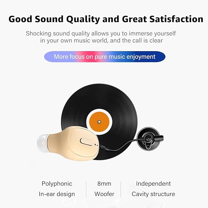Single Bluetooth Wireless Earbud, Mini Invisible in-Ear Wireless Bluetooth Headphone 12 Hours Super Long Battery Life Suitable for Sports Work and Sleep- Beige