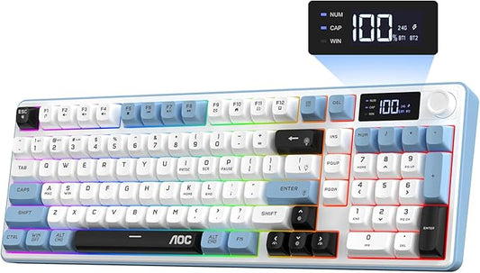 AOC GK210 Wireless Gaming Keyboard with Display & Knob, Tri-Mode BT5.0/2.4GHz/Wired Connectivity RGB Backlit Keyboard with Number Pad, 98-Key Layout, 26-Key Anti-Ghosting, Compatible for Mac, Windows