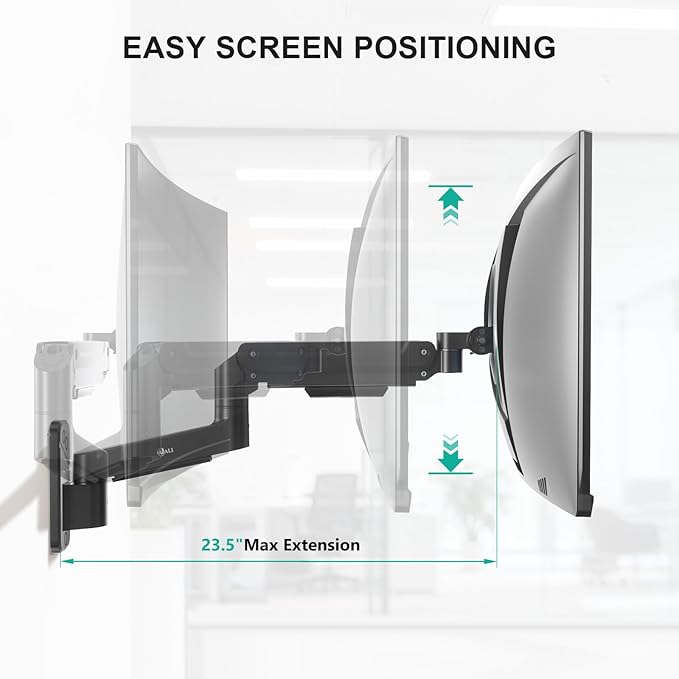 WALI Monitor Wall Mount for 13-49 Inch Ultrawide Screens, Heavy Duty Single Monitor Mount Holds up to 44 lbs, Adjustable Wall Mount Monitor Arm, 75/100mm VESA Mount (GSWM001-P), Black
