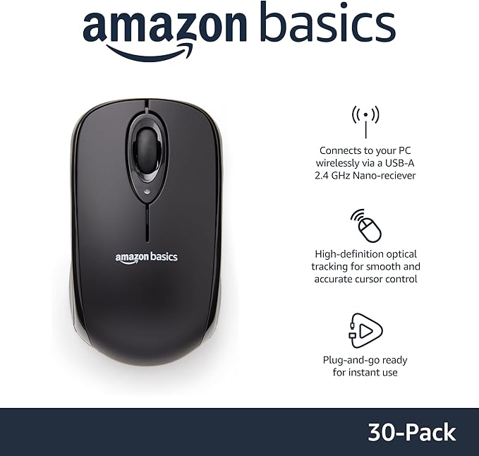 Amazon Basics 2.4 GHz Wireless Optical Computer Mouse with USB Nano Receiver, Black, 30-Pack