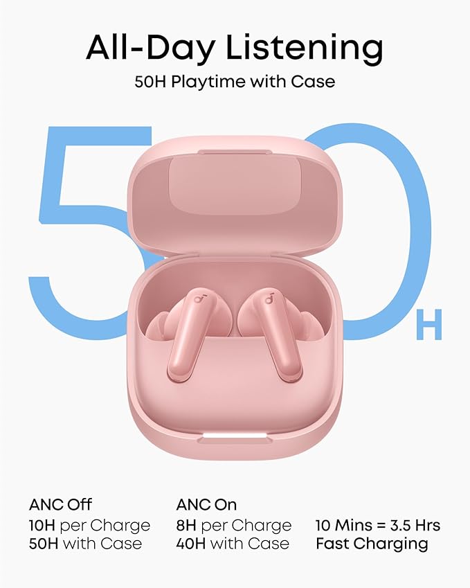 Soundcore P31i by Anker, Real-Time Adaptive Noise Cancelling, Hi-Res Sound, Translation Earbuds, 50H Playtime, Wireless Earbuds, Bluetooth Earphones, Spatial Audio, Fast Charging, IP55 (Pink)
